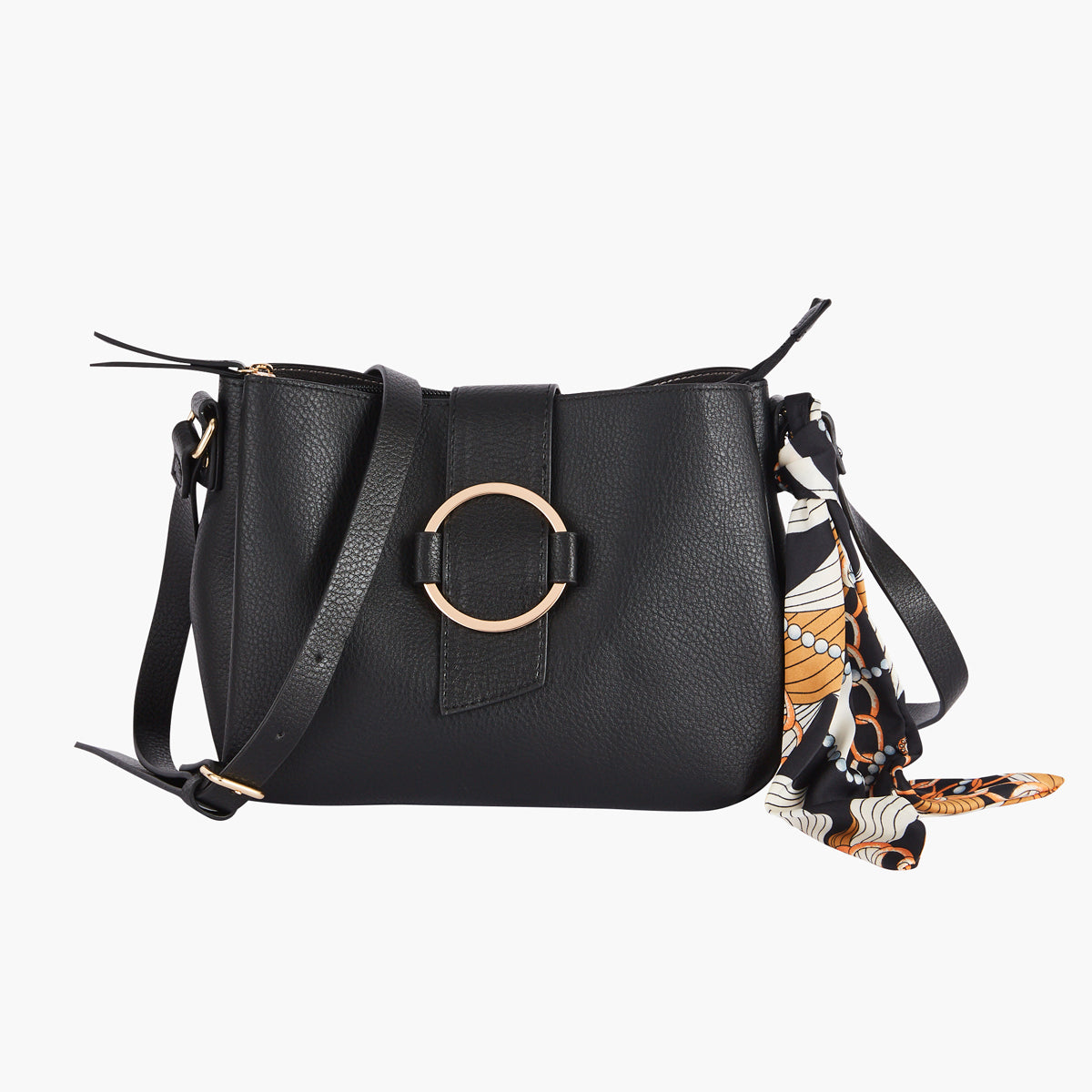 Sac bandoulière noir et foulard fantaisie