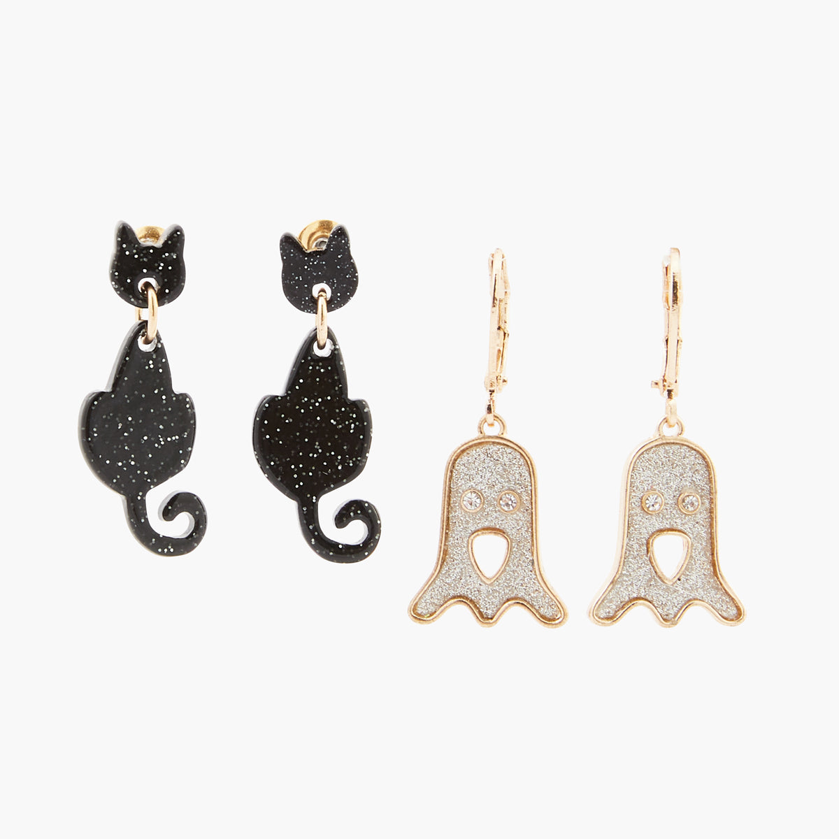 Set de 2 boucles d'oreilles Halloween chat et fantôme