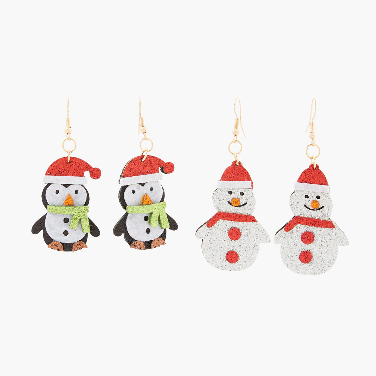 Set de 2 boucles d'oreilles Noël pingouin et bonhomme de neige