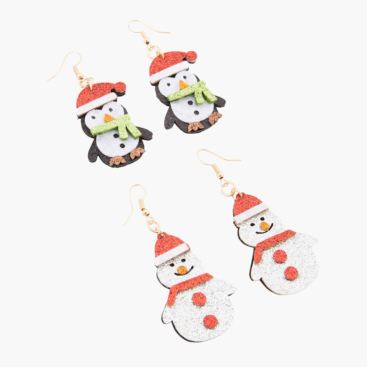 Set de 2 boucles d'oreilles Noël pingouin et bonhomme de neige