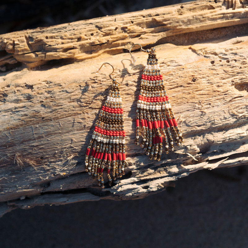 Boucles d'oreilles pendantes perles de rocaille - rouge et doré