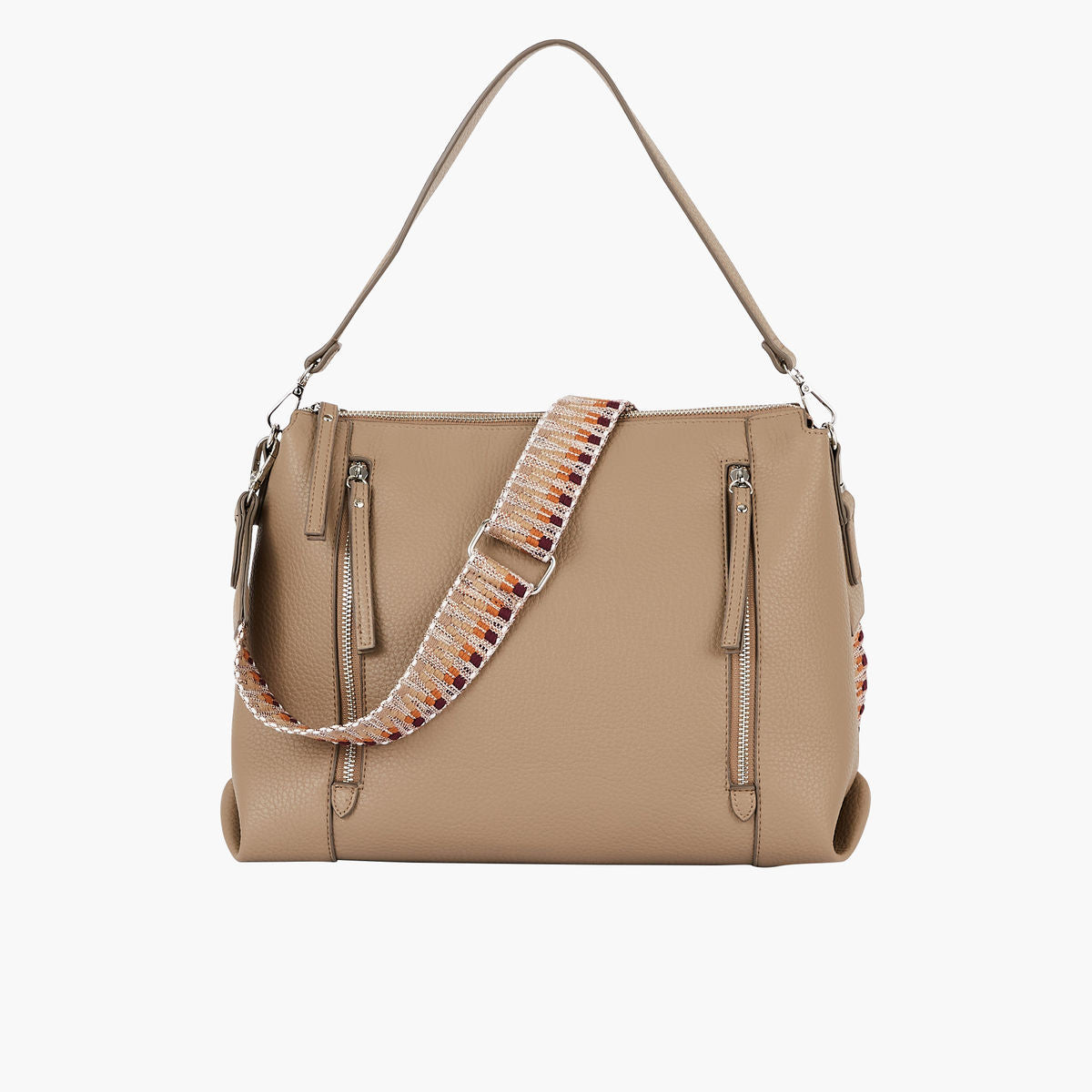 Sac hobo bandoulière taupe double zip jacquard