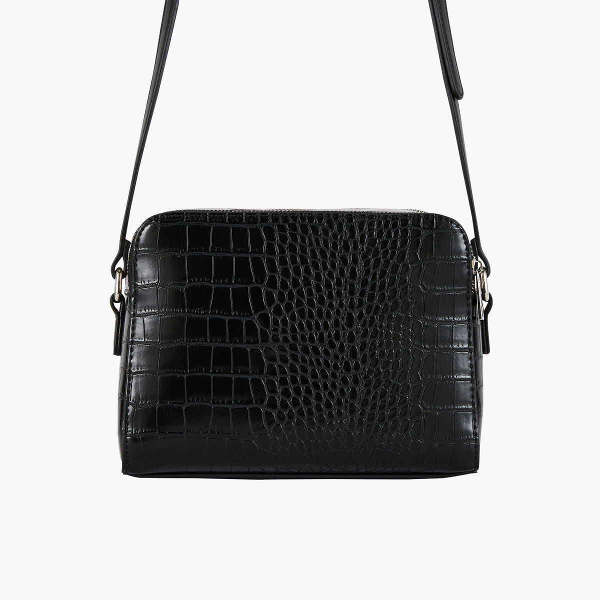 Sac bandoulière noir trimatière avec effet croco-métallisé