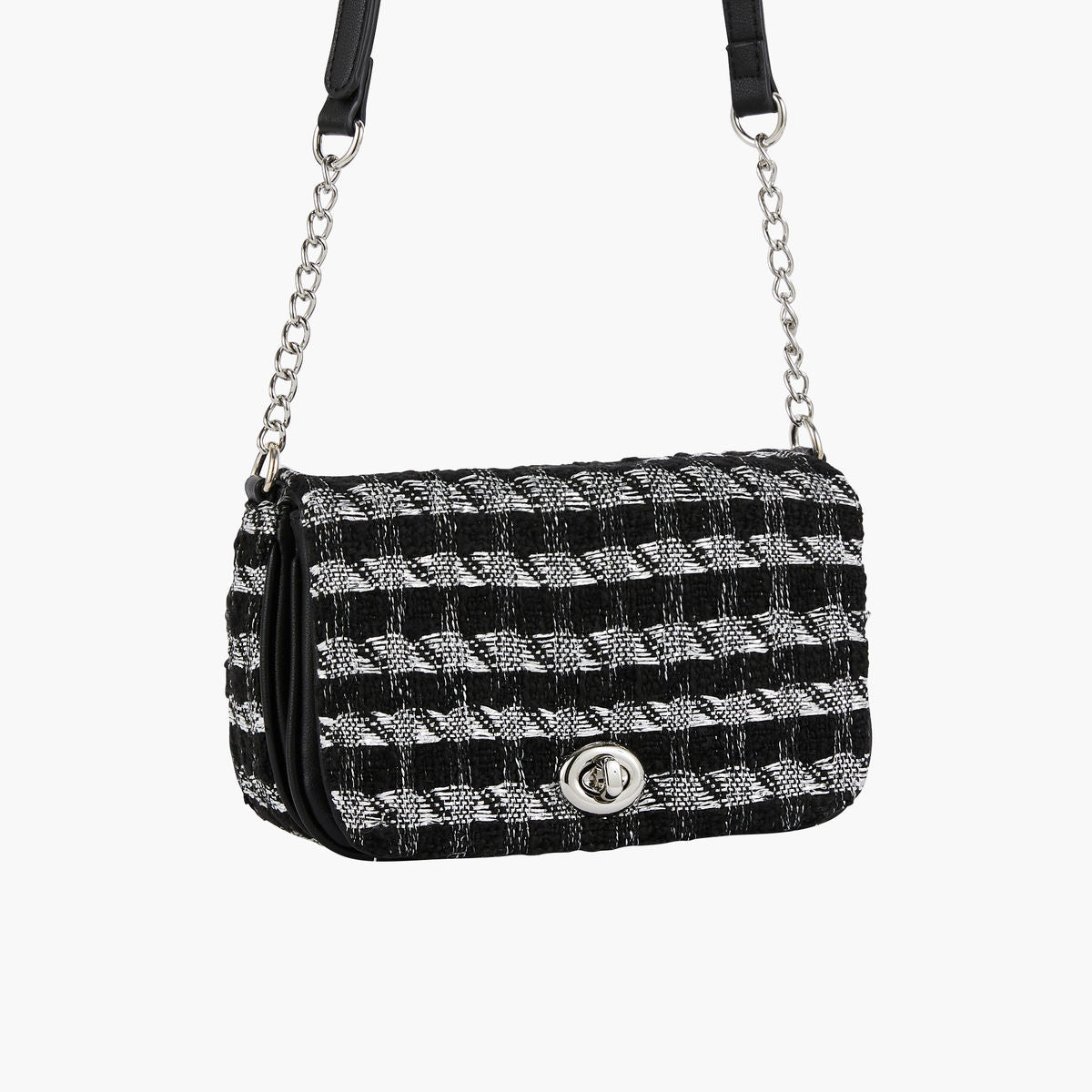 Sac bandoulière double poches en tweed noir