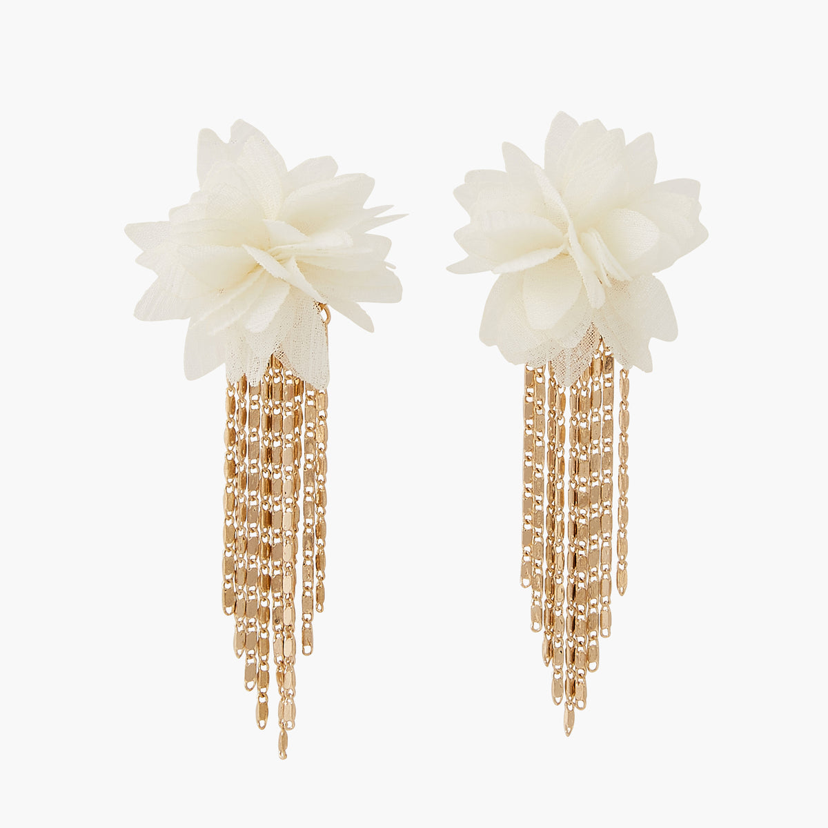 Boucles d'oreilles fleurs et chainettes - blanc et doré