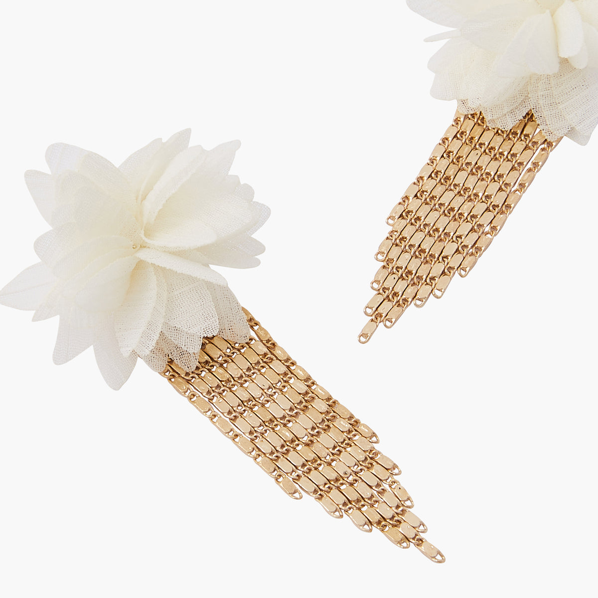 Boucles d'oreilles fleurs et chainettes - blanc et doré