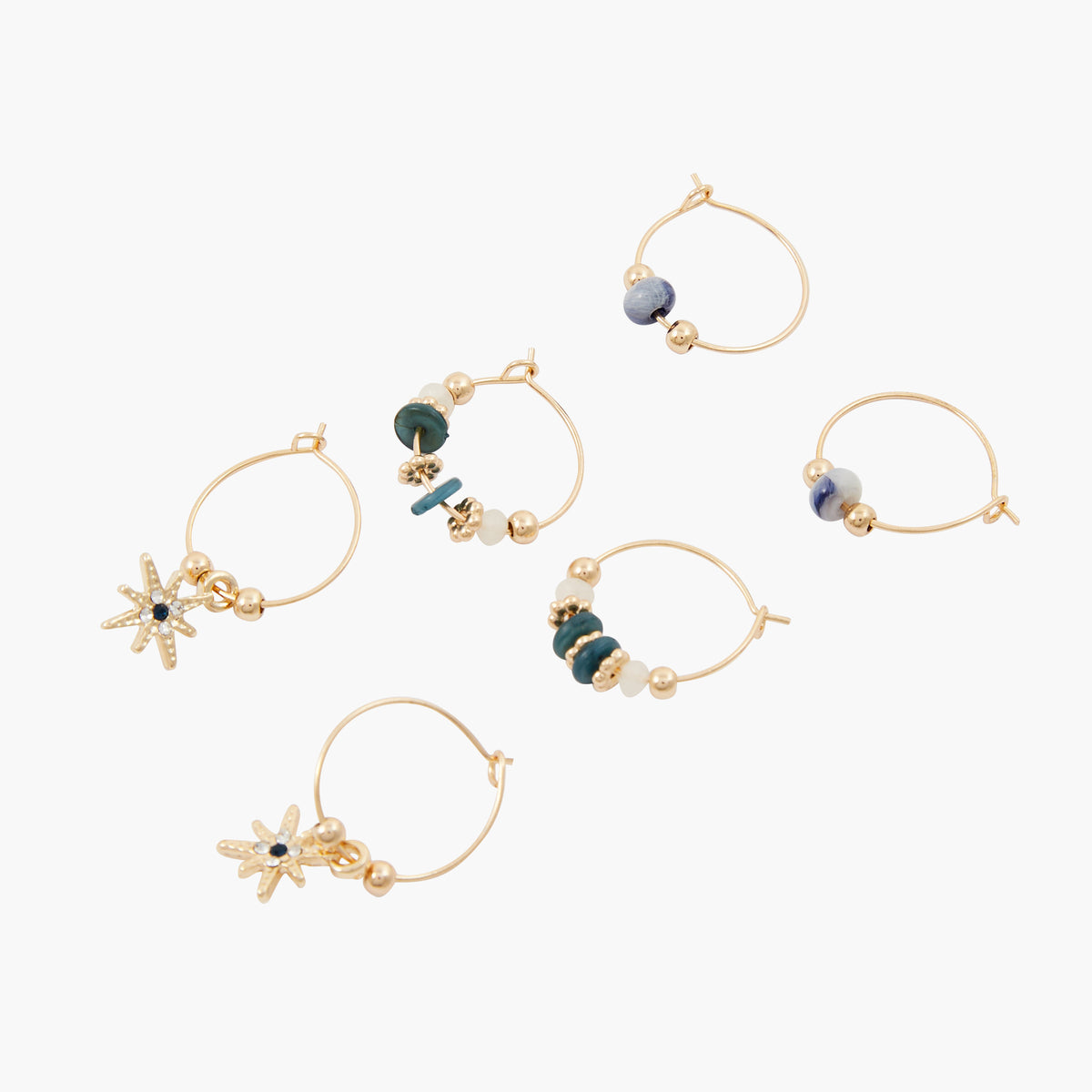 Set de 3 petites créoles à perles fantaisies - doré, vert et bleu