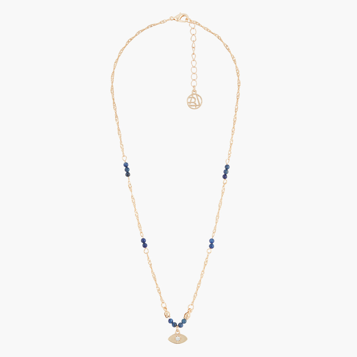 Collier court à pierre de Sodalite et pendentif oeil - bleu et doré