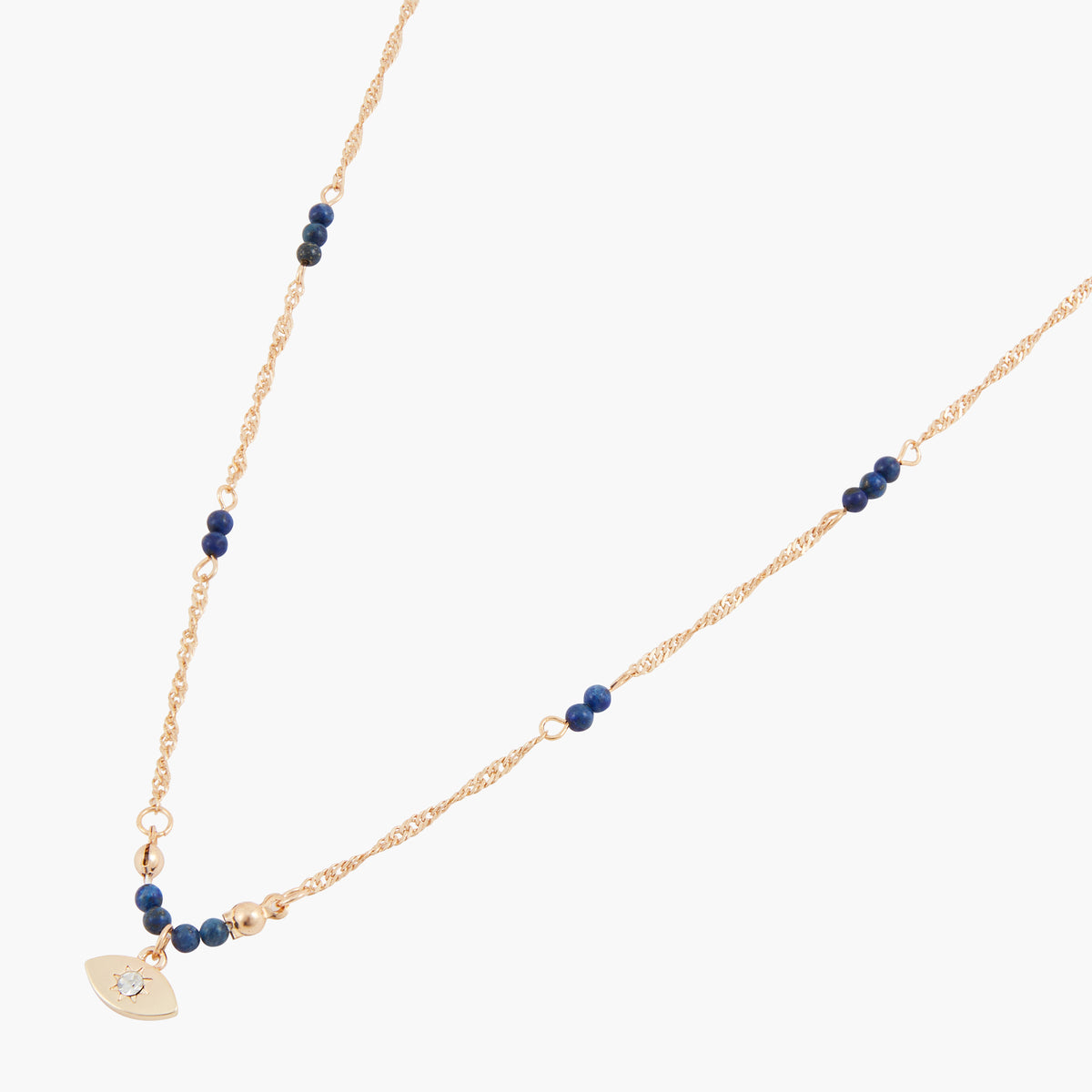 Collier court à pierre de Sodalite et pendentif oeil - bleu et doré