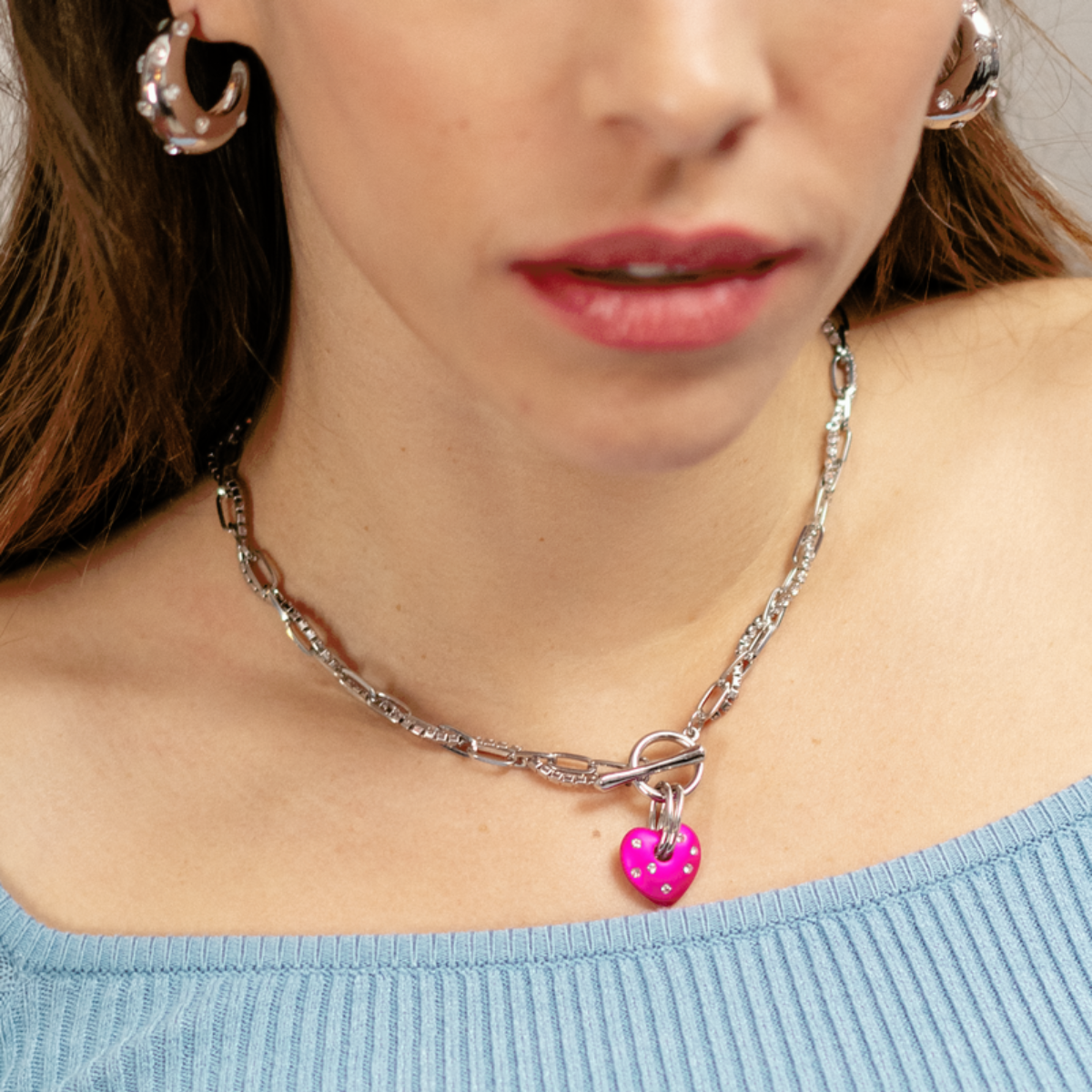 Collier coeur en chaine et cupchain - rose et argenté