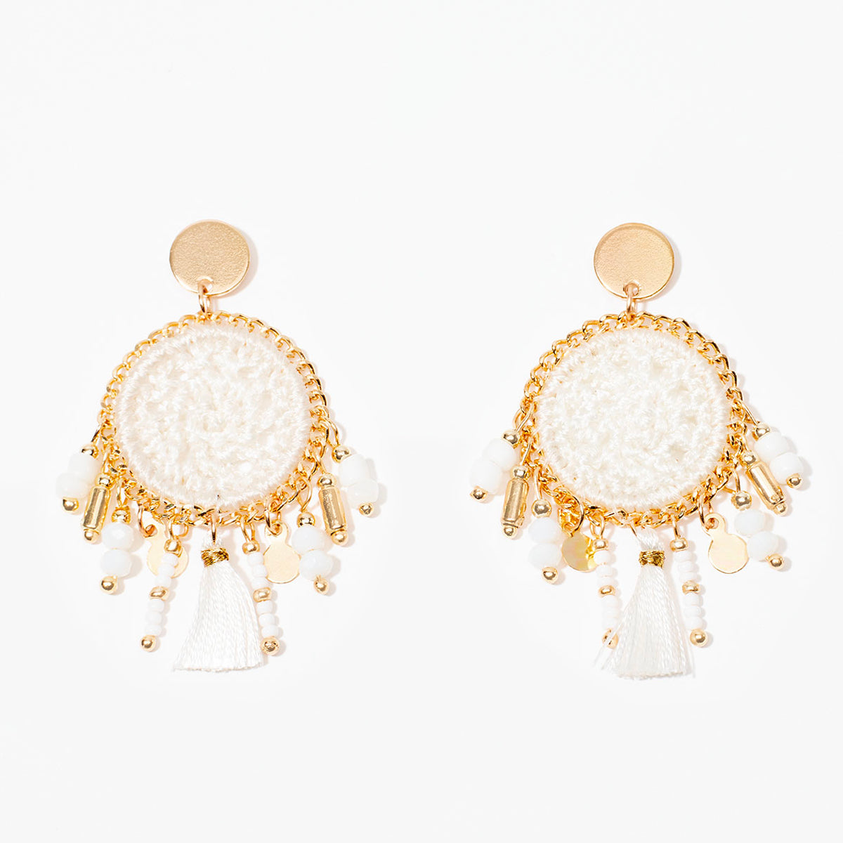 Boucles d'oreilles pendantes macramé - blanc et doré