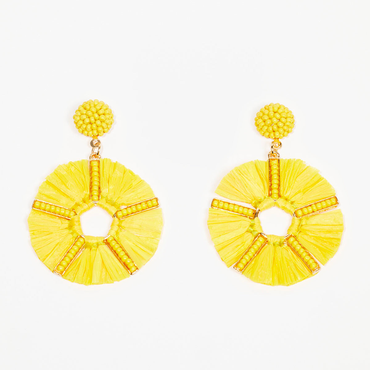 Boucles d'oreilles en raphia et perles de rocaille - jaune