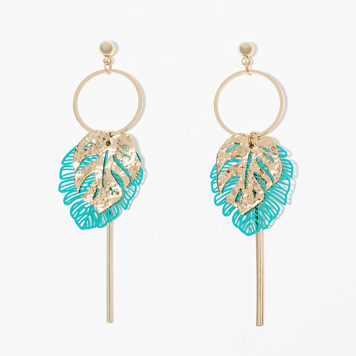 Boucles d'oreilles feuilles - bleu turquoise et doré