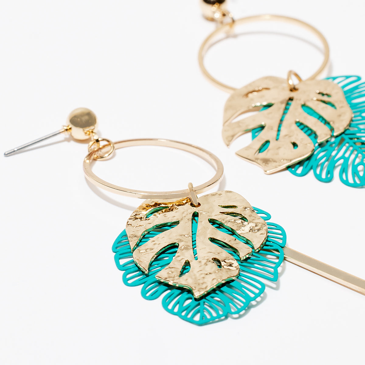 Boucles d'oreilles feuilles - bleu turquoise et doré