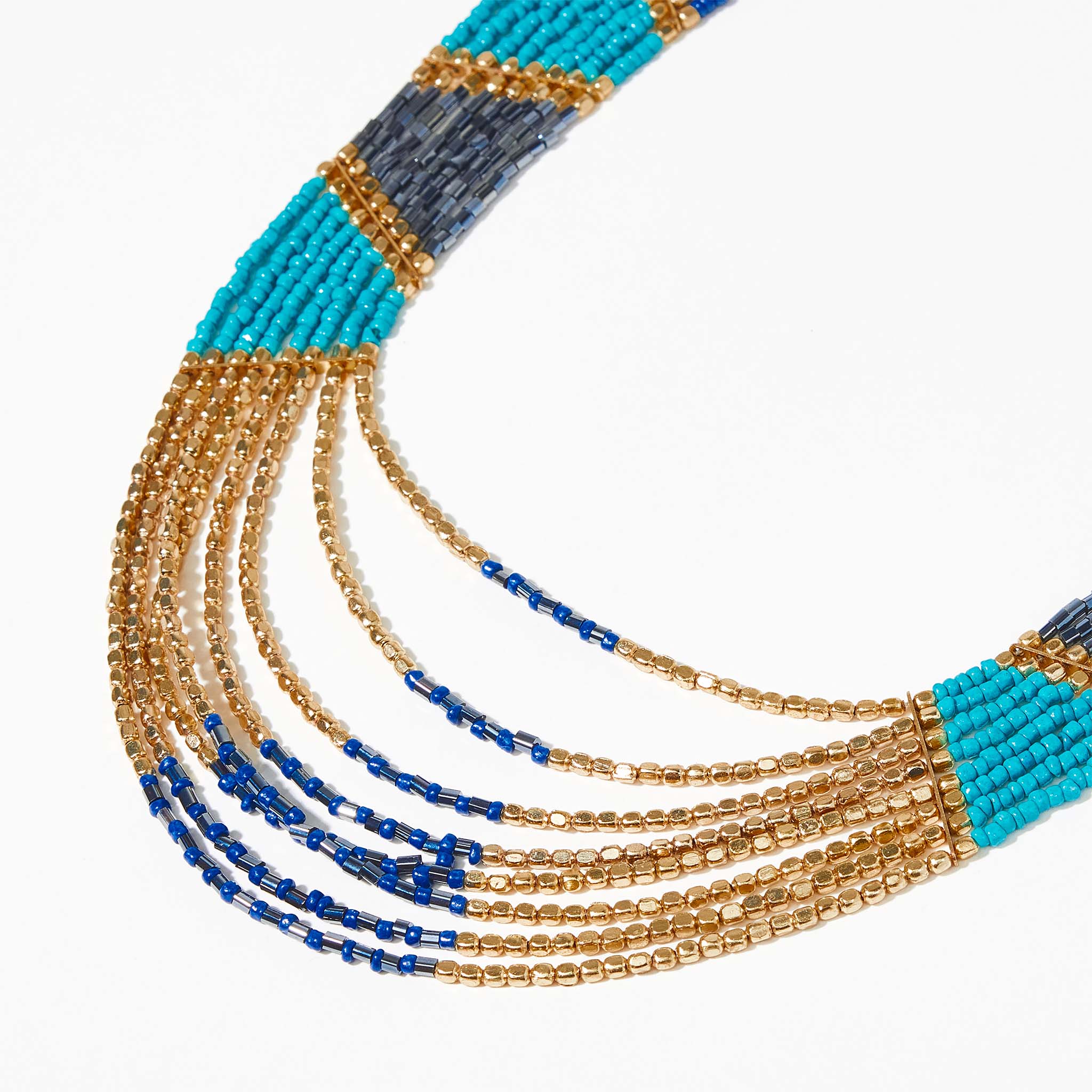 Collier multir-angs en perles de rocaille - bleu et doré