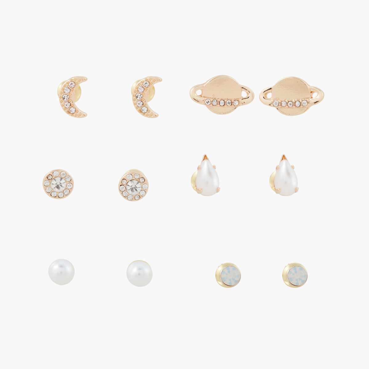 Set de 6 puces d'oreilles strass perle lune et planète