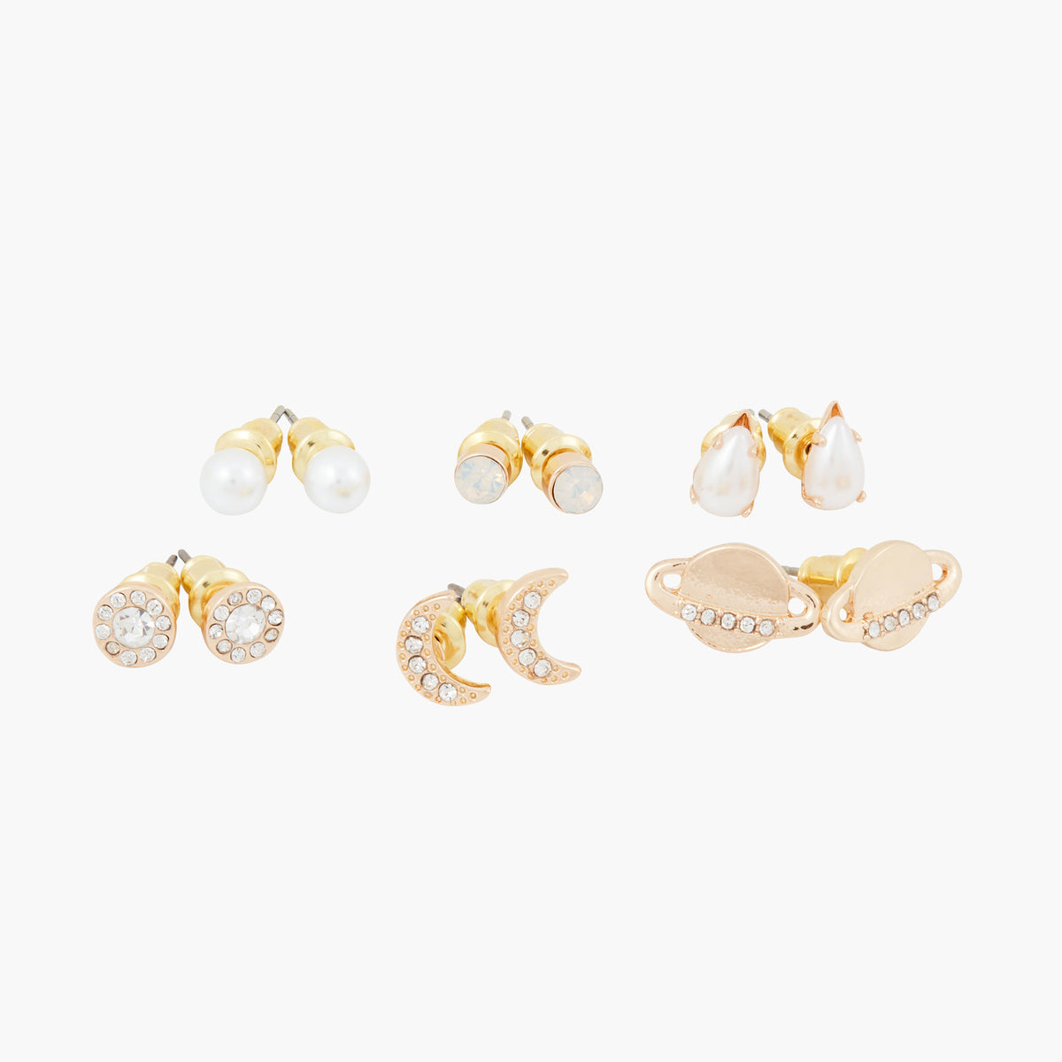 Set de 6 puces d'oreilles strass perle lune et planète