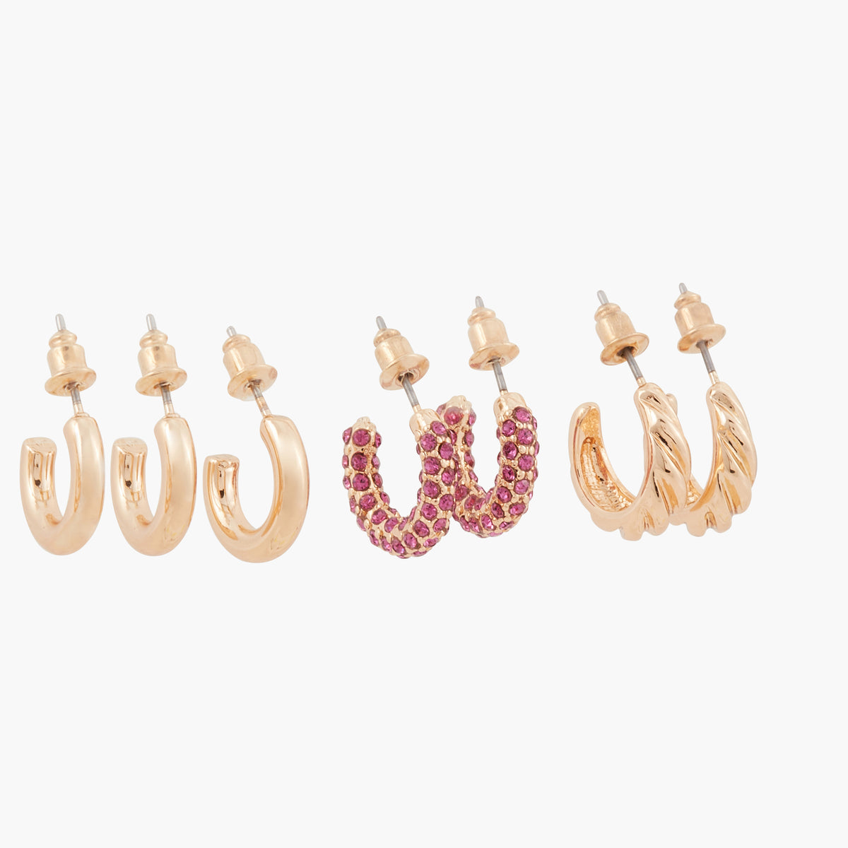 Set de 3 petites boucles d'oreilles créoles en métal et avec strass Pave