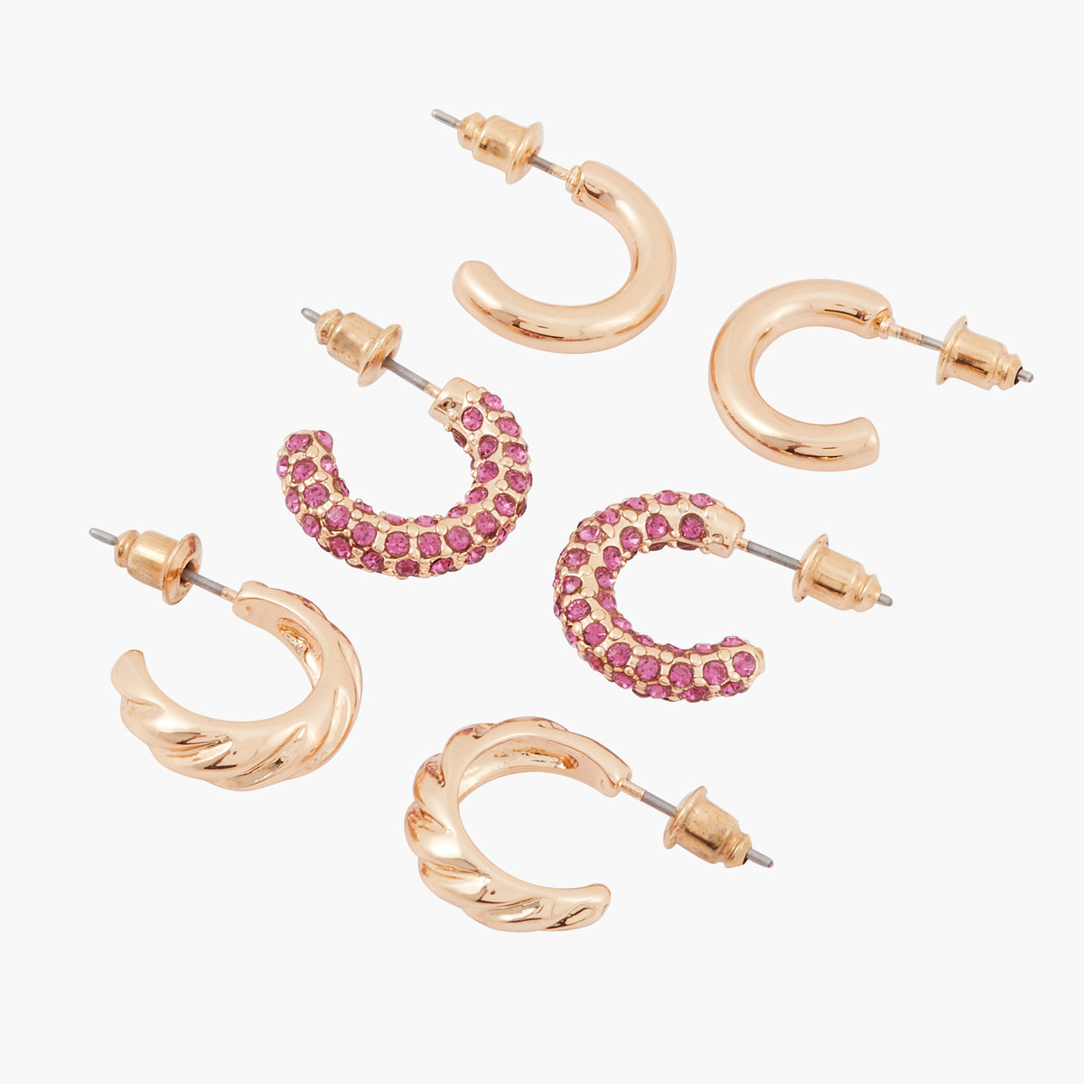 Set de 3 petites boucles d'oreilles créoles en métal et avec strass Pave