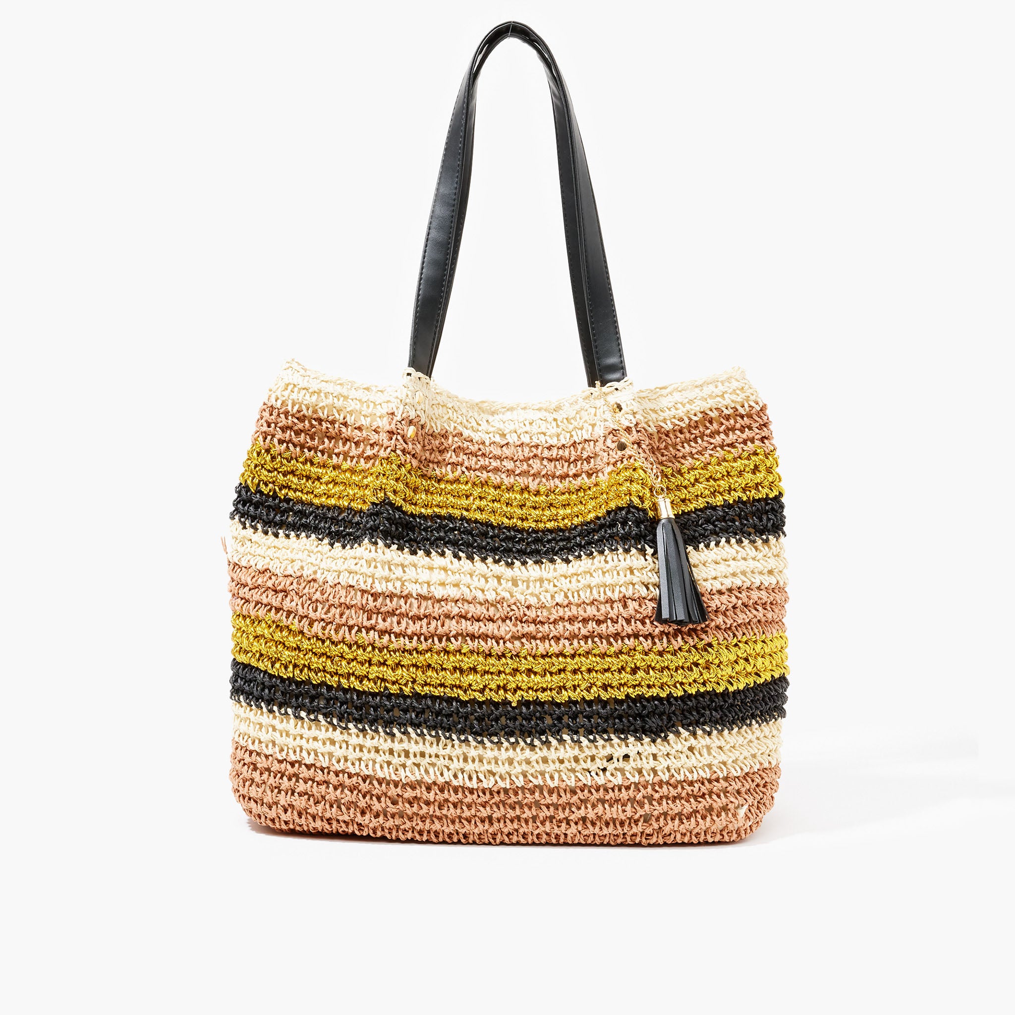 Sac cabas souple à rayures - beige, marron, doré et noir