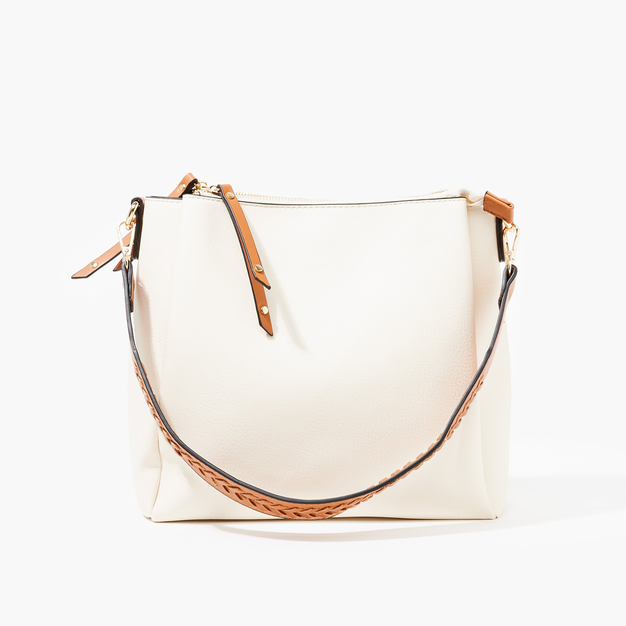 Sac épaule bandoulière tressée - blanc et camel