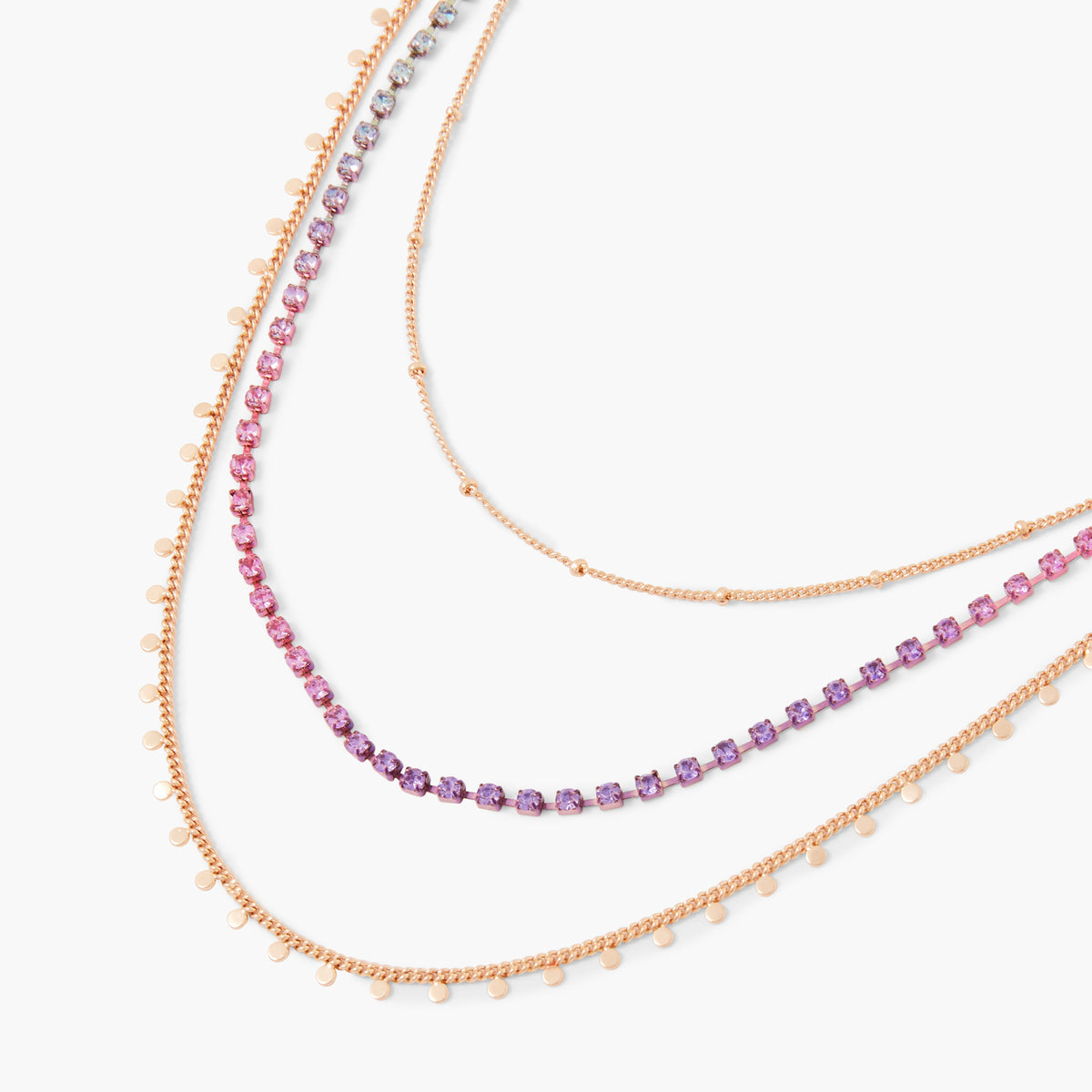 Collier 3 rangs à chaines et strass rose