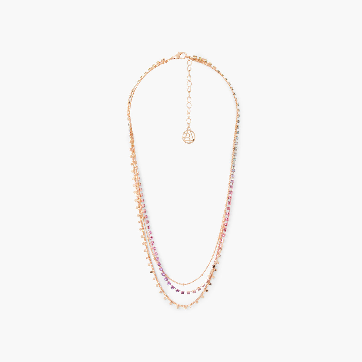 Collier 3 rangs à chaines et strass rose