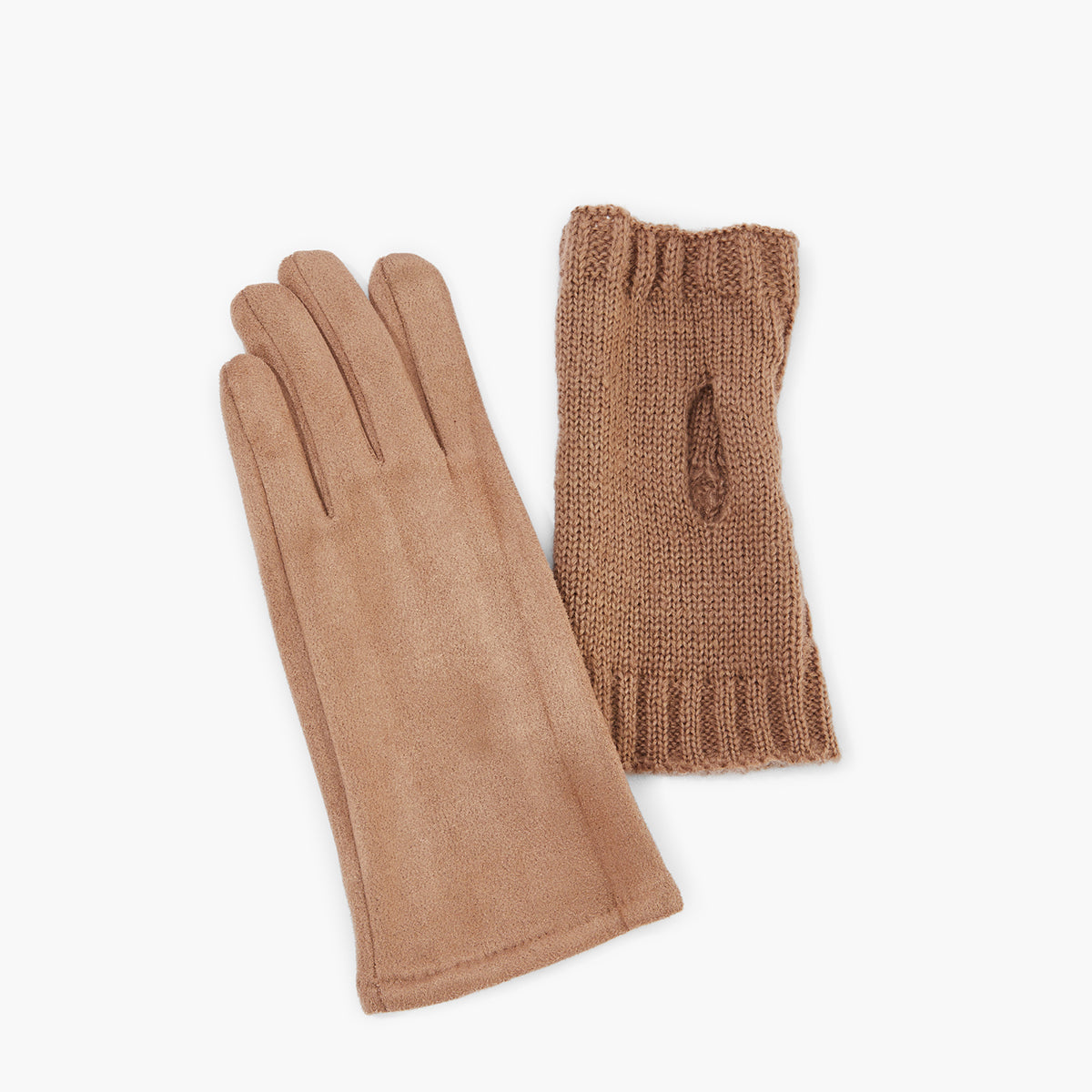 Gants-mitaines marron effet suédé et maille