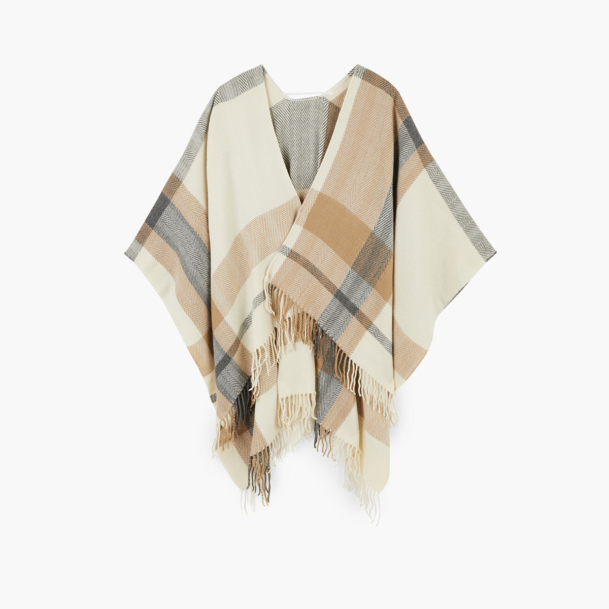 Poncho à carreaux beige et gris