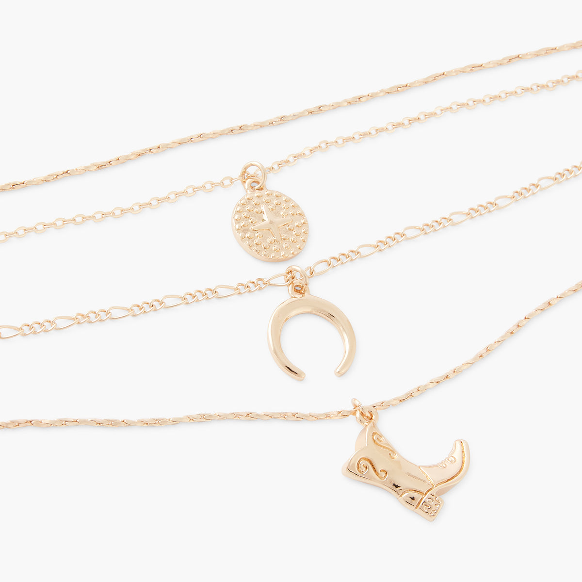 Collier multi rangs pendentifs médaille, lune et santiag