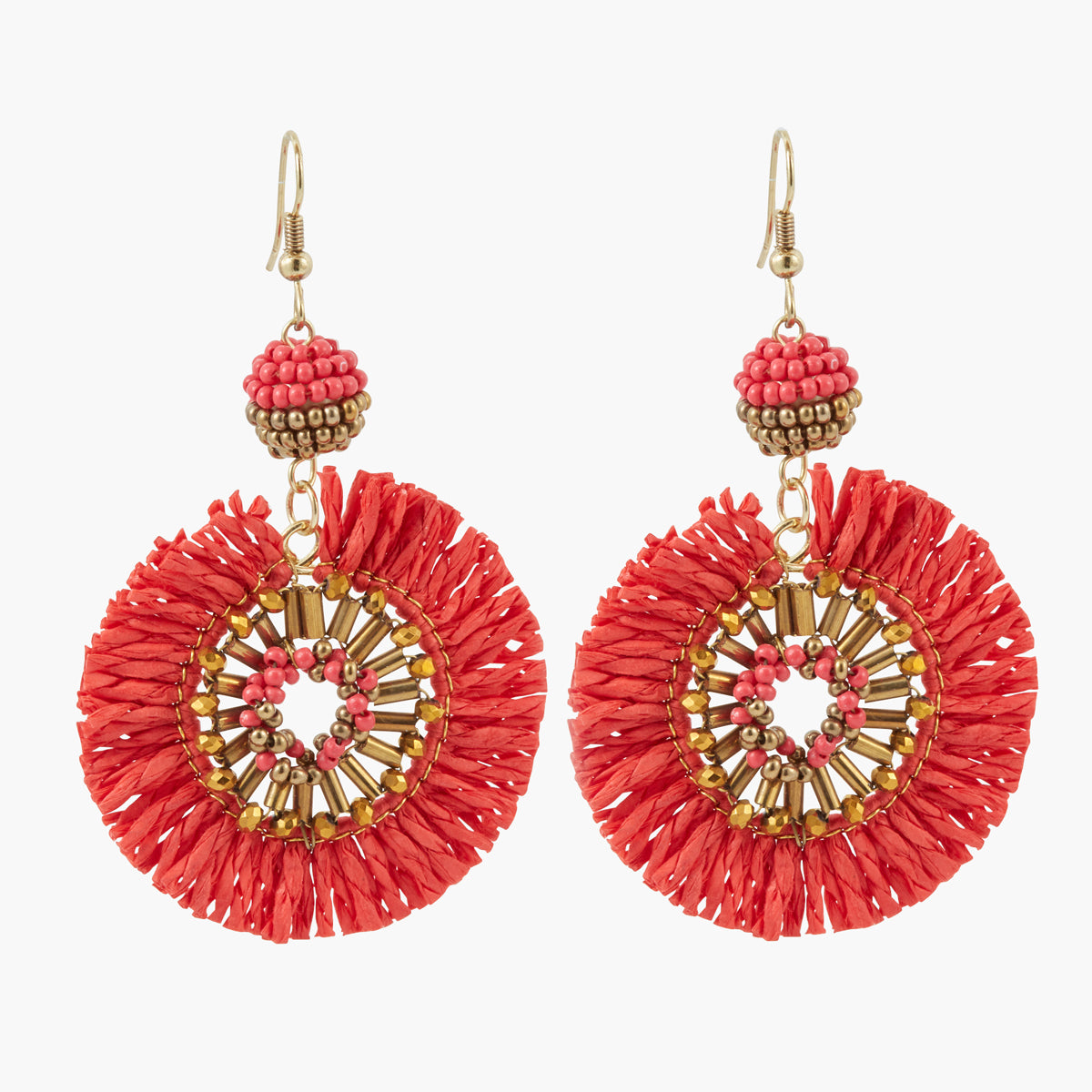 Boucles d'oreilles raphia et perles - rouge