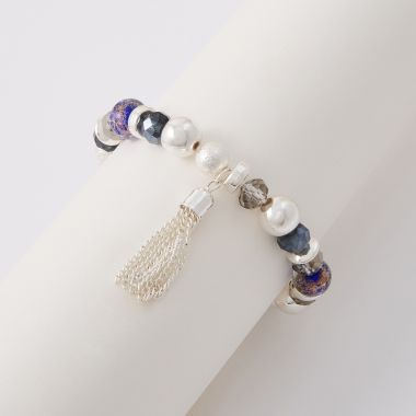 Bracelet élastique avec perles en verre et pompon chainette