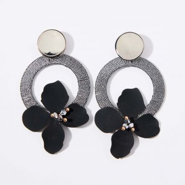 Boucles d'oreilles pendantes à fleur - noir et argenté
