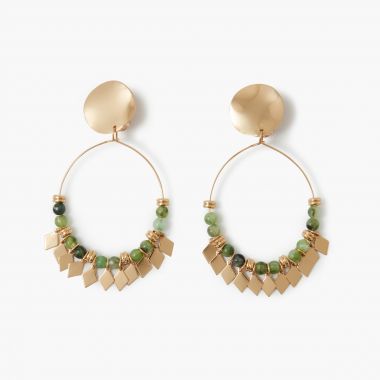 Clips d'oreilles anneaux à perles et pampilles - doré et vert